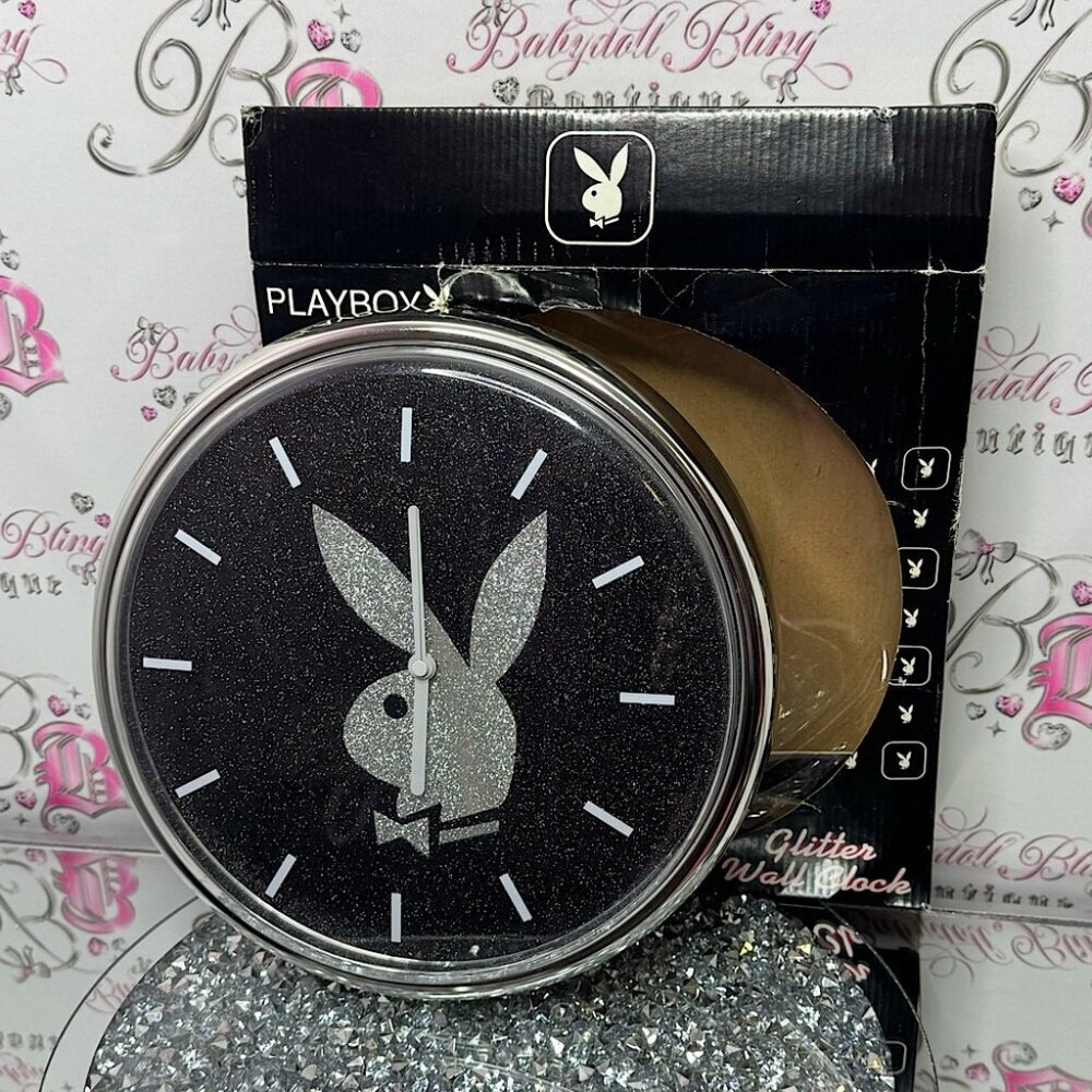 Playboy bunny clock sparkly glitter silver black 2007 new in box hangable rare
